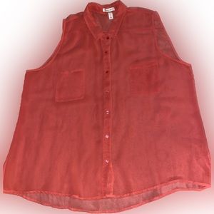 Ambiance Apparel Sheer Orange Button-Up Sleeveless Collar Blouse Size 3X